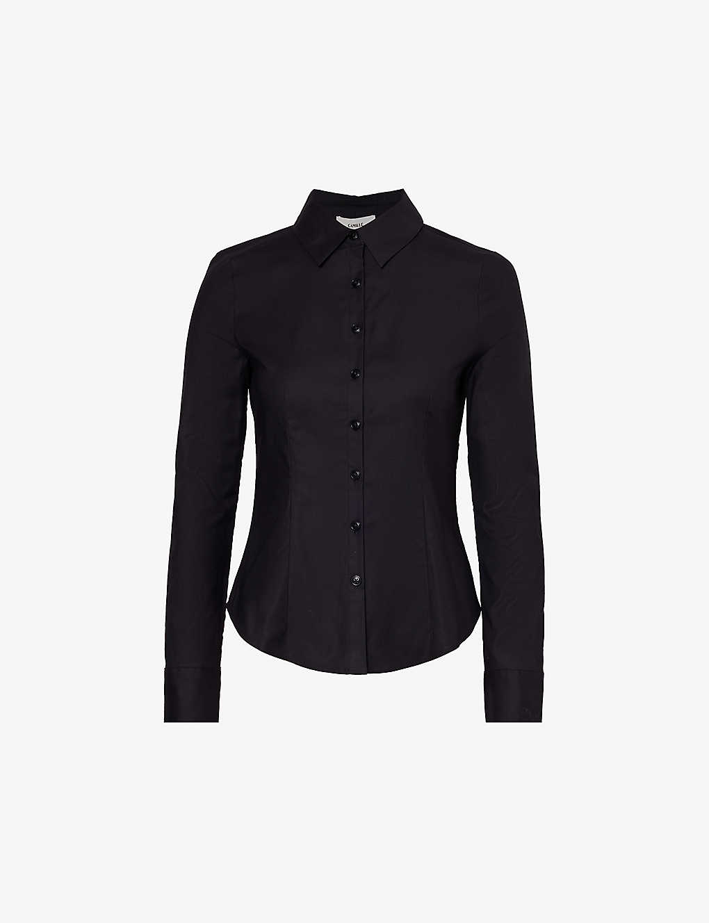 Reformation Womens Black X Camille Rowe Jodie Fitted Stretch-organic-cotton Shirt