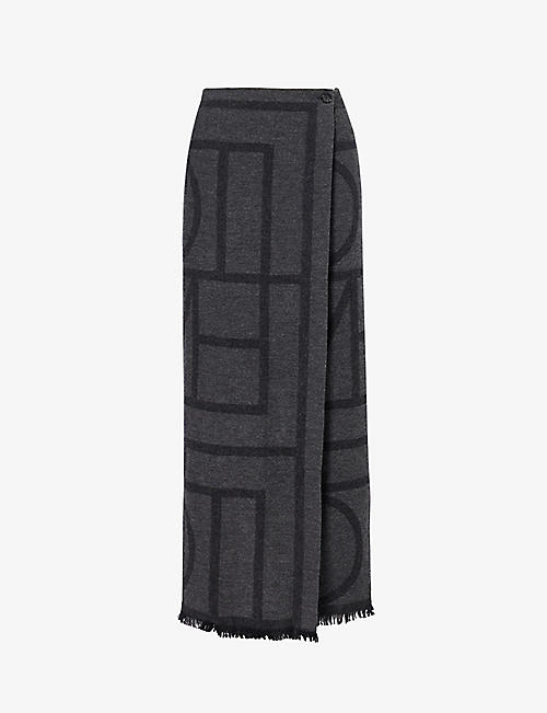 TOTEME: Check-pattern fringe-hem wool midi skirt