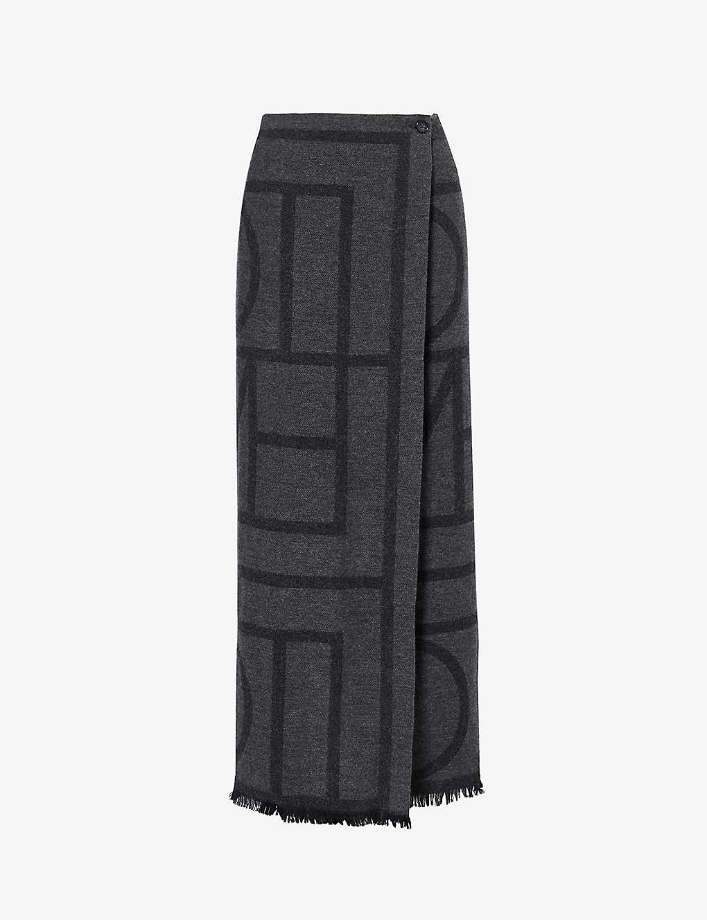 Shop Totême Check-pattern Fringe-hem Wool Midi Skirt In Grey