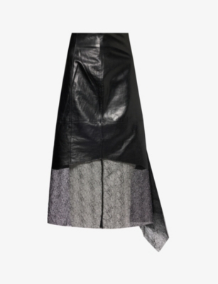 Shop Helmut Lang Women's Black Lace-trim Asymmetric-hem Leather Midi Skirt