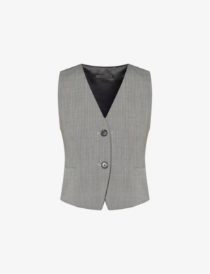 Helmut Lang Womens Black White Multi V-neck Asymmetric-hem Stretch-wool Blend Waistcoat