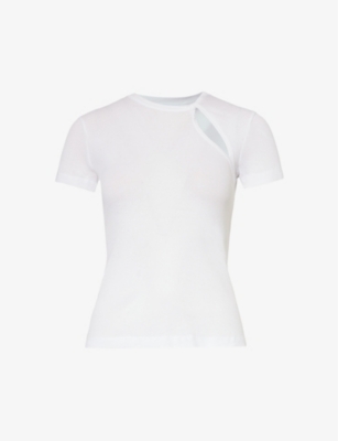 Shop Helmut Lang Women's White Cut-out Short-sleeved Cotton-jersey Top