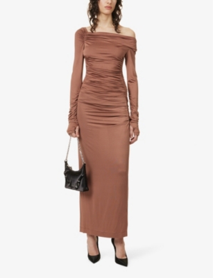 Shop Helmut Lang Women's Rust Asymmetric Ruched Slim-fit Stretch-woven Maxi Dress