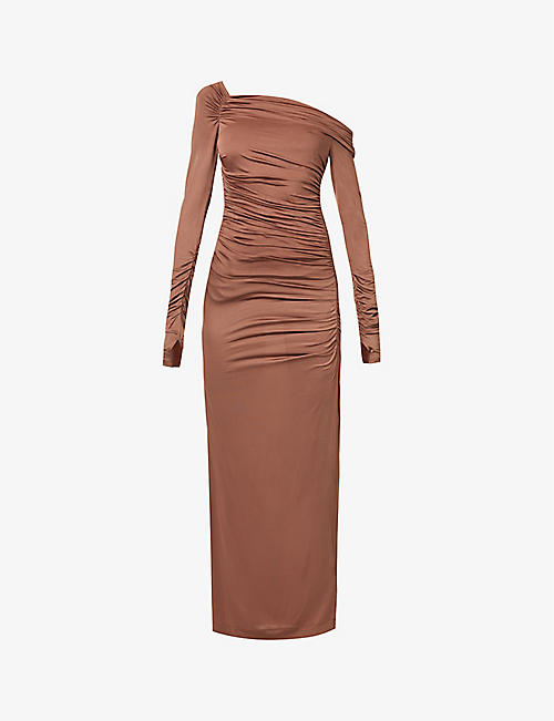 HELMUT LANG: Asymmetric ruched slim-fit stretch-woven maxi dress