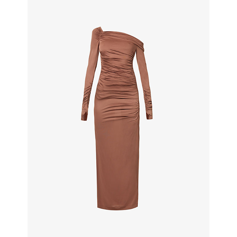 Helmut Lang Womens Rust Asymmetric Ruched Slim-fit Stretch-woven Maxi Dress