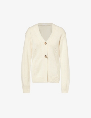 Shop Helmut Lang Women's Ivory V-neck Split-side Knitted Cardigan