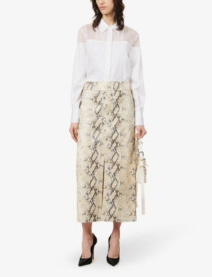 Shop Helmut Lang Python-effect Mid-rise Leather Maxi Skirt In Beige