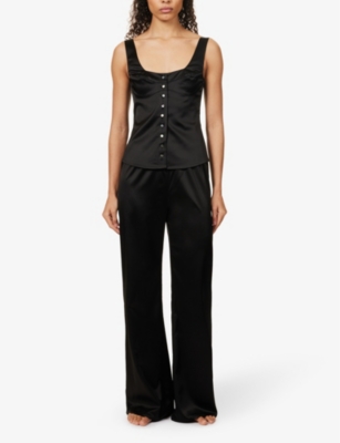 Shop Maison Essentiele Women's Black Button-front Slim-fit Stretch-satin Pyjama Top