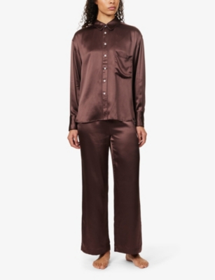 Shop Maison Essentiele Womens Chocolate Core Patch-pocket Silk Pyjama Top In Brown