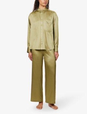 Shop Maison Essentiele Women's Olive Core Patch-pocket Silk Pyjama Top