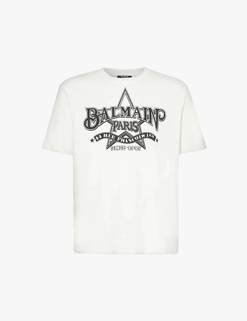 Balmain Mens White Black Brand-print Crewneck Cotton-jersey T-shirt