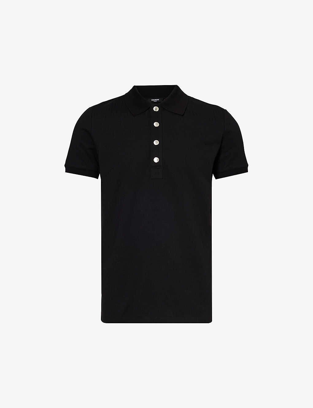 Shop Balmain Men's Black Split-hem Regular-fit Stretch-cotton Polo Shirt