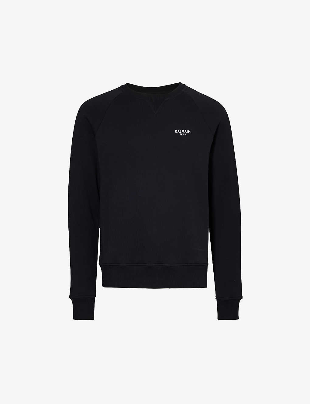 Shop Balmain Mens Black White Logo-print Ribbed-trim Cotton-jersey Sweatshirt In Monochrome
