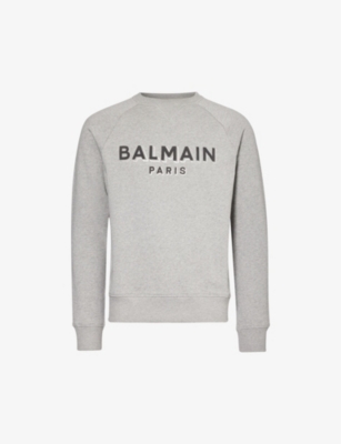 Balmain Mens Mottled Grey Anthracite Logo-print Ribbed-trim Cotton-jersey Sweatshirt
