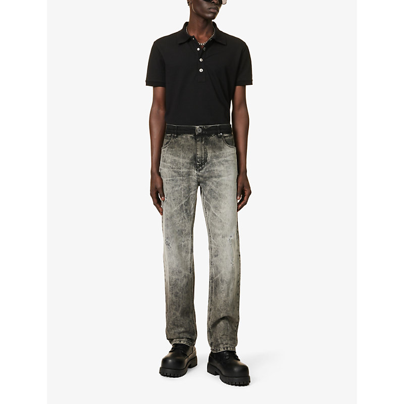 Shop Balmain Mens Washed Light Grey Brand-embroidered Regular-fit Straight-leg Jeans