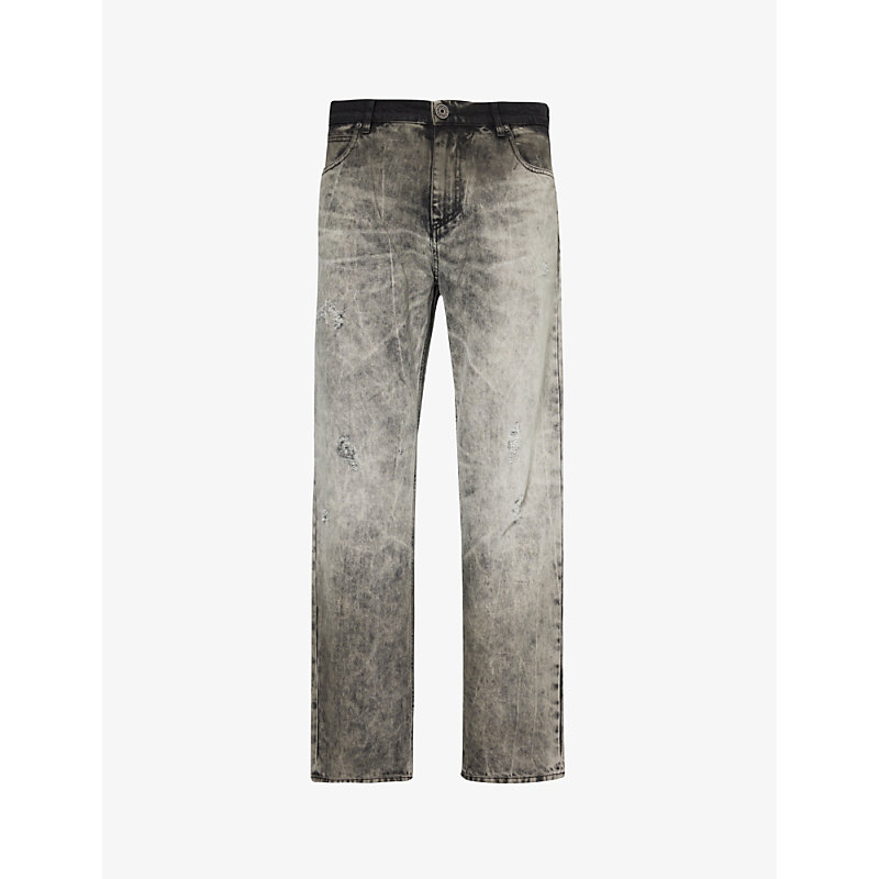 Shop Balmain Men's Washed Light Grey Brand-embroidered Regular-fit Straight-leg Jeans