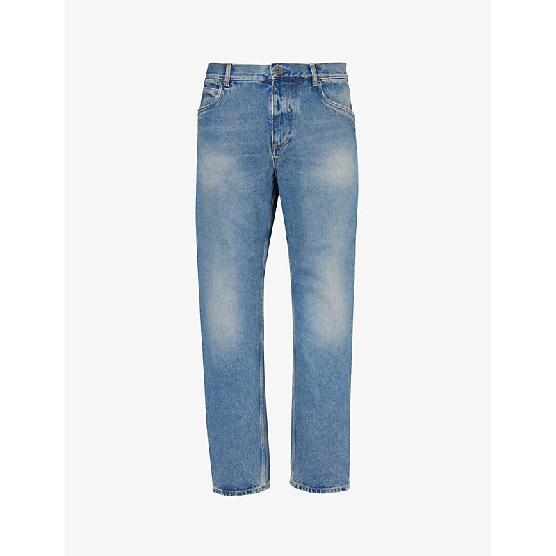 Balmain Mens Blue Jeans Brand-embroidered Faded-wash Straight-leg Jeans