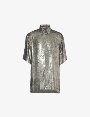 Dries Van Noten Mens Silver Sequin-embellished Relaxed-fit Woven Shirt