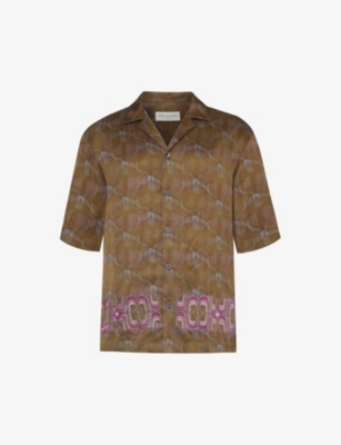 Dries Van Noten Mens Khaki Abstract-pattern Contrast-embroidered Satin Shirt