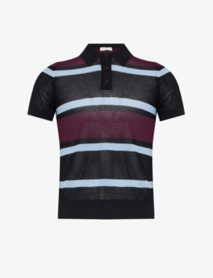 DRIES VAN NOTEN: Open-mesh striped knitted polo shirt