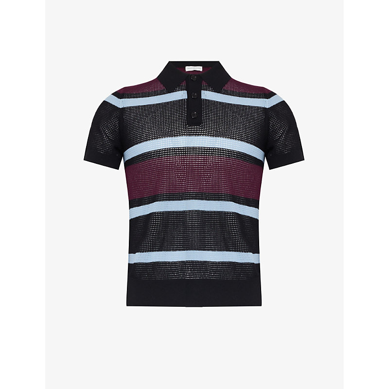 Dries Van Noten Mens Black Open-mesh Striped Knitted Polo Shirt