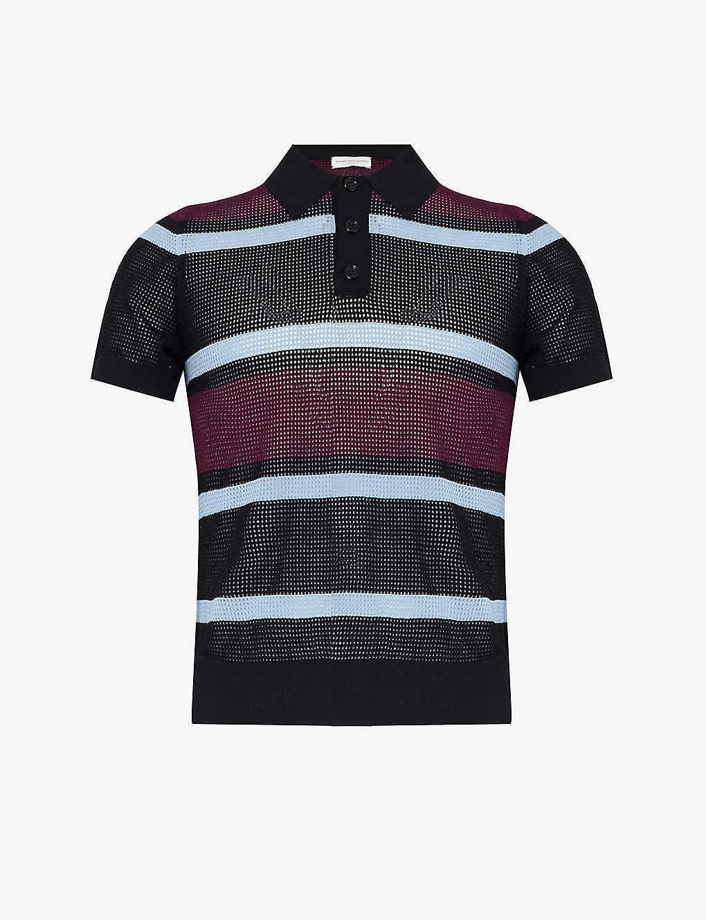 Dries Van Noten Mens Black Open-mesh Striped Knitted Polo Shirt