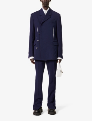 Shop Ferragamo Men's Blue Double-breasted Contrast-embellished Regular-fit Stretch-woven Jacket