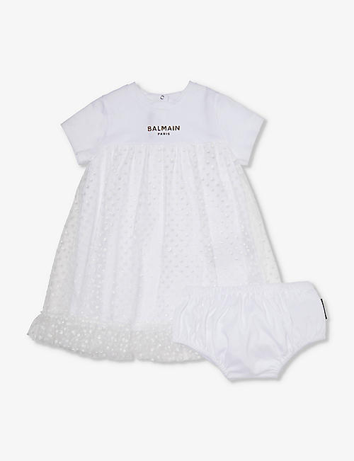 BALMAIN: Brand-print tulle-overlay cotton-jersey dress and bloomer set 9-24 months