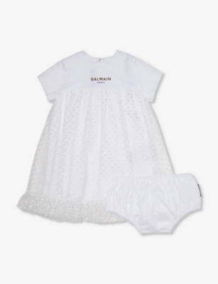 Balmain Babies' Brand-print Tulle-overlay Cotton-jersey Dress And Bloomer Set 9-24 Months In White/gold