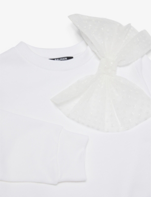 Shop Balmain Bow-embellished Cotton-jersey Sweatshirt 6-12 Years In White/gold
