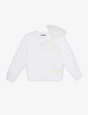 Balmain Kids' Bow-embellished Cotton-jersey Sweatshirt 6-12 Years In White/gold