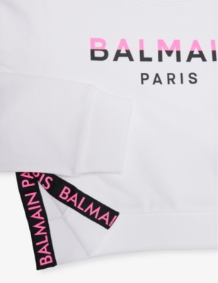 Shop Balmain Girls White/fuchsia Kids Logo-print Round-neck Cotton-jersey Sweatshirt 8-13 Years