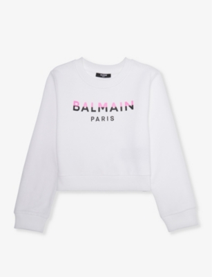 Shop Balmain Logo-print Round-neck Cotton-jersey Sweatshirt 8-13 Years In White/fuchsia
