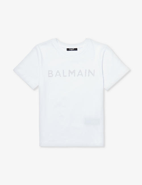 BALMAIN: Logo rhinestone-embellished cotton-jersey T-shirt 6-13 years