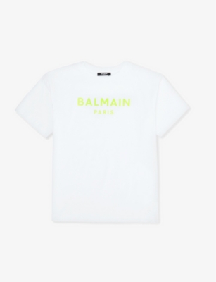 Balmain Kids' Neon Logo Text-print Cotton-jersey T-shirt 6-13 Years In White/yellow