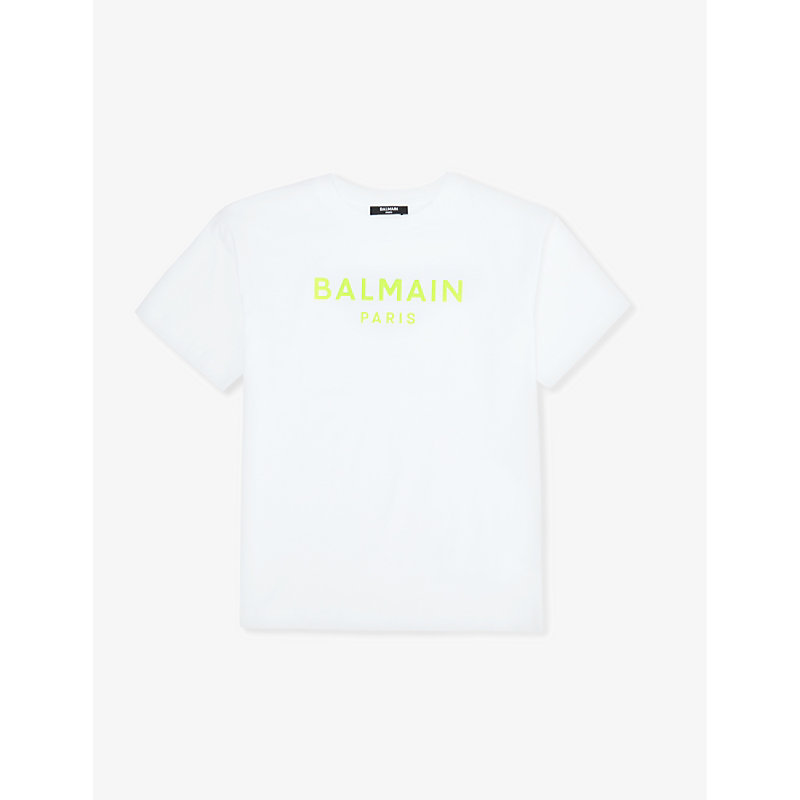 Balmain Kids' Neon Logo Text-print Cotton-jersey T-shirt 6-13 Years In White/yellow