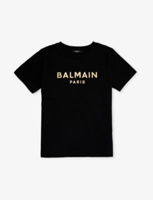 Balmain Kids' Logo Text-print Cotton-jersey T-shirt 4-13 Years In Black/gold