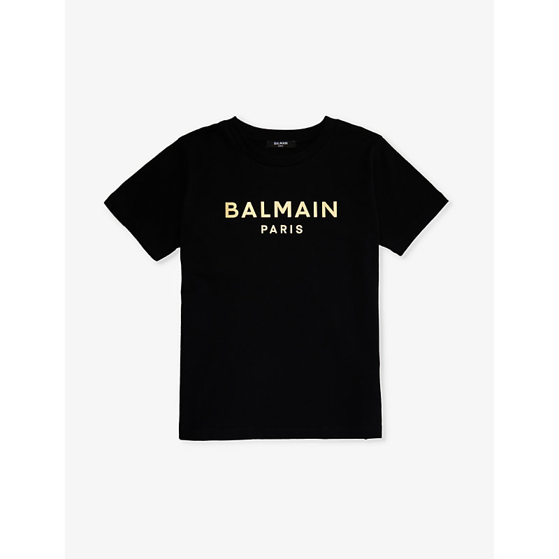 Balmain Kids' Logo Text-print Cotton-jersey T-shirt 4-13 Years In Black/gold