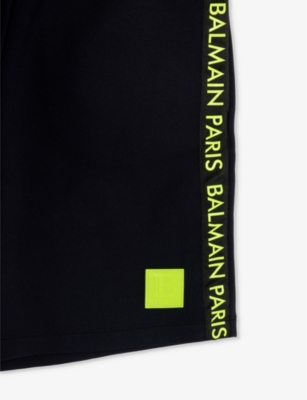 Shop Balmain Boys Black/yellow Kids Logo-print Elasticated-waist Stretch-woven Shorts 6-14 Years