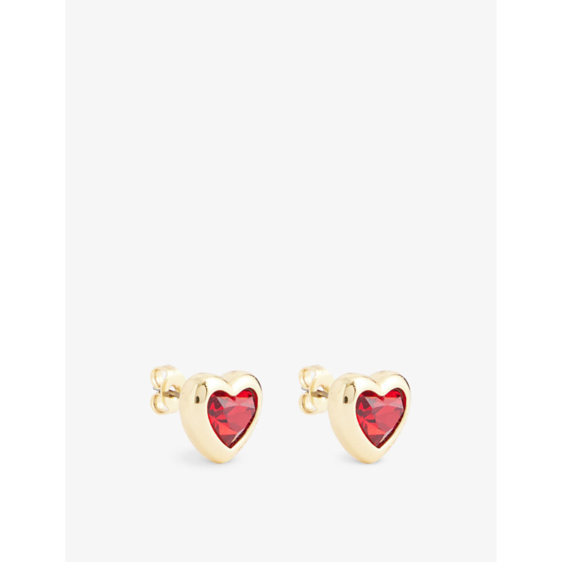 Shop Coach Signa Heart-shape Brass Stud Earrings In Red Crystal/gold