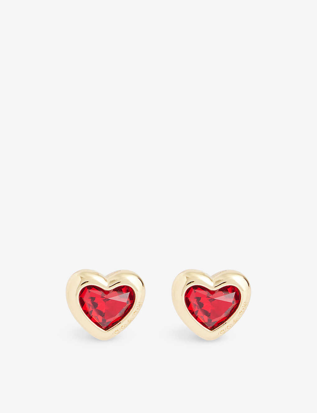 Coach Signa Heart-shape Brass Stud Earrings In Red Crystal/gold