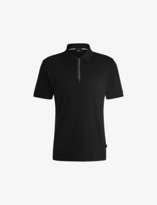 Shop Hugo Boss Mens Contrast-trim Slim-fit Cotton Polo Shirt Black Xxxl