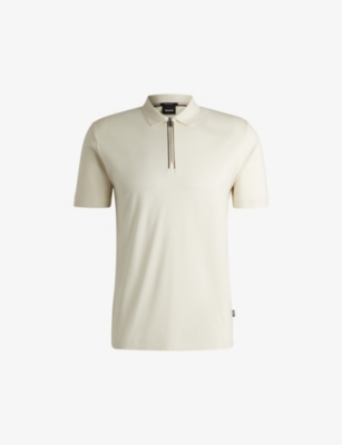 Shop Hugo Boss Mens Contrast-trim Slim-fit Cotton Polo Shirt Open White