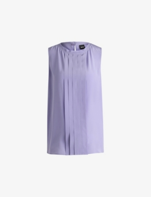 Hugo Boss Pleat-front Sleeveless Blouse In Washed Silk In Medium Purple