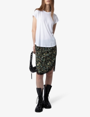 Shop Zadig & Voltaire Zadig&voltaire Women's Noir Jozy Floral-print Silk Midi Skirt
