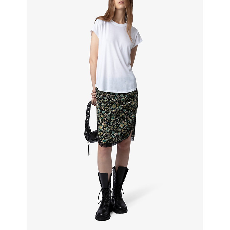 Shop Zadig & Voltaire Zadig&voltaire Women's Noir Jozy Floral-print Silk Midi Skirt