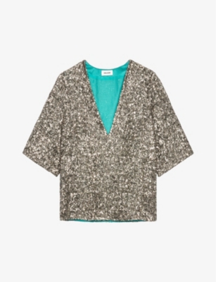 Shop Zadig & Voltaire Zadig&voltaire Womens Bronze Tytane Sequin-embellished Silk Top