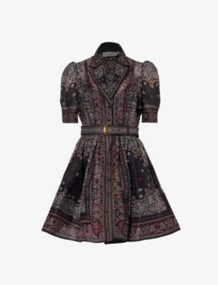 Shop Zimmermann Women's Black Bandana Belted Paisley-print Linen And Silk-blend Mini Dress