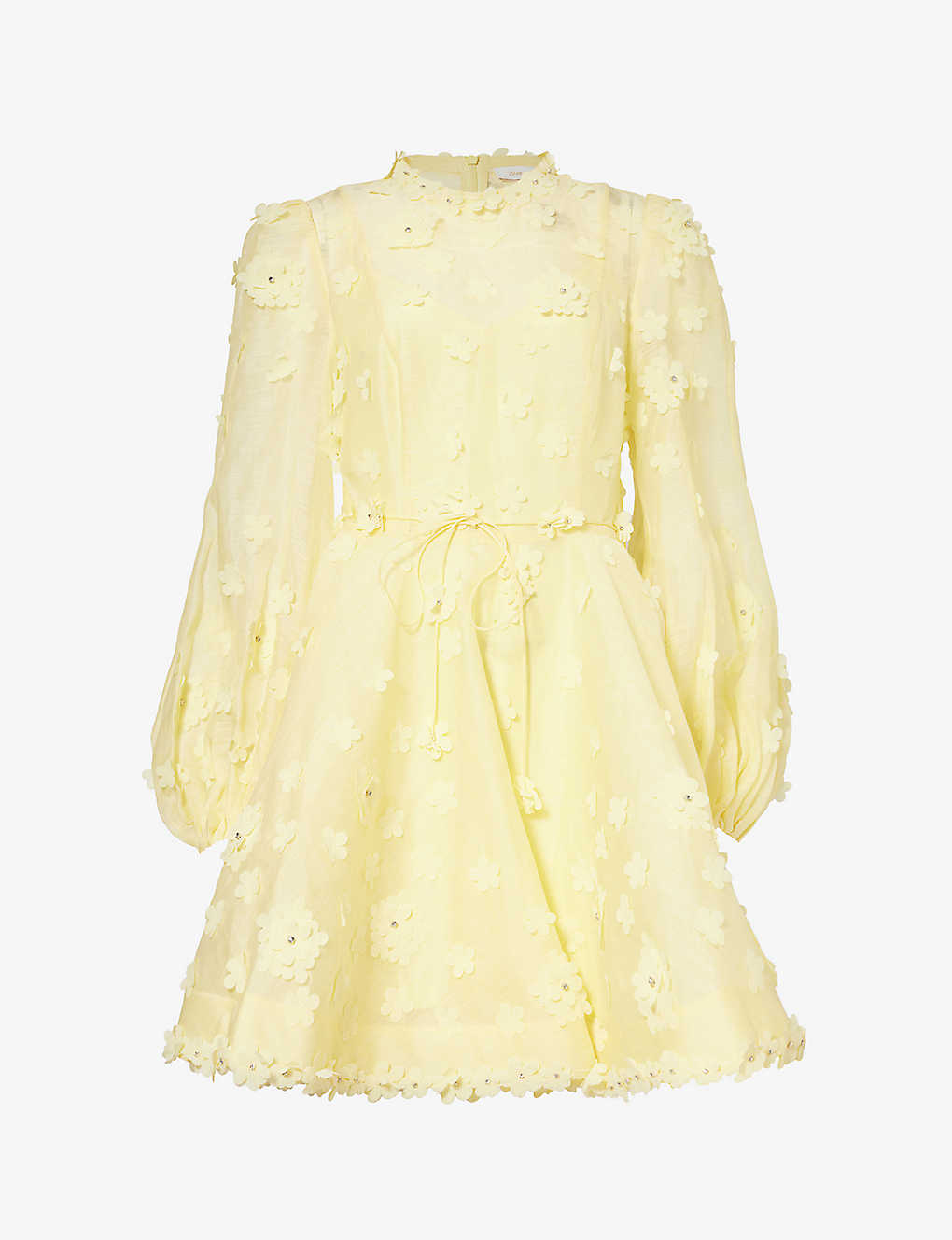 Shop Zimmermann Floral-appliqué Crystal-embellished Linen And Silk-blend Mini Dress In Lemon