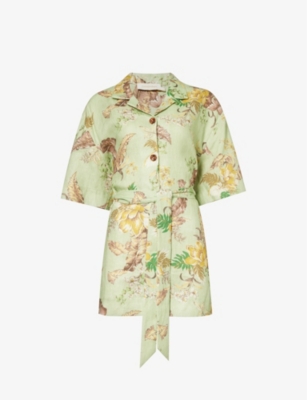 Zimmermann Matchmaker Belted Floral-print Linen Shirt In Green